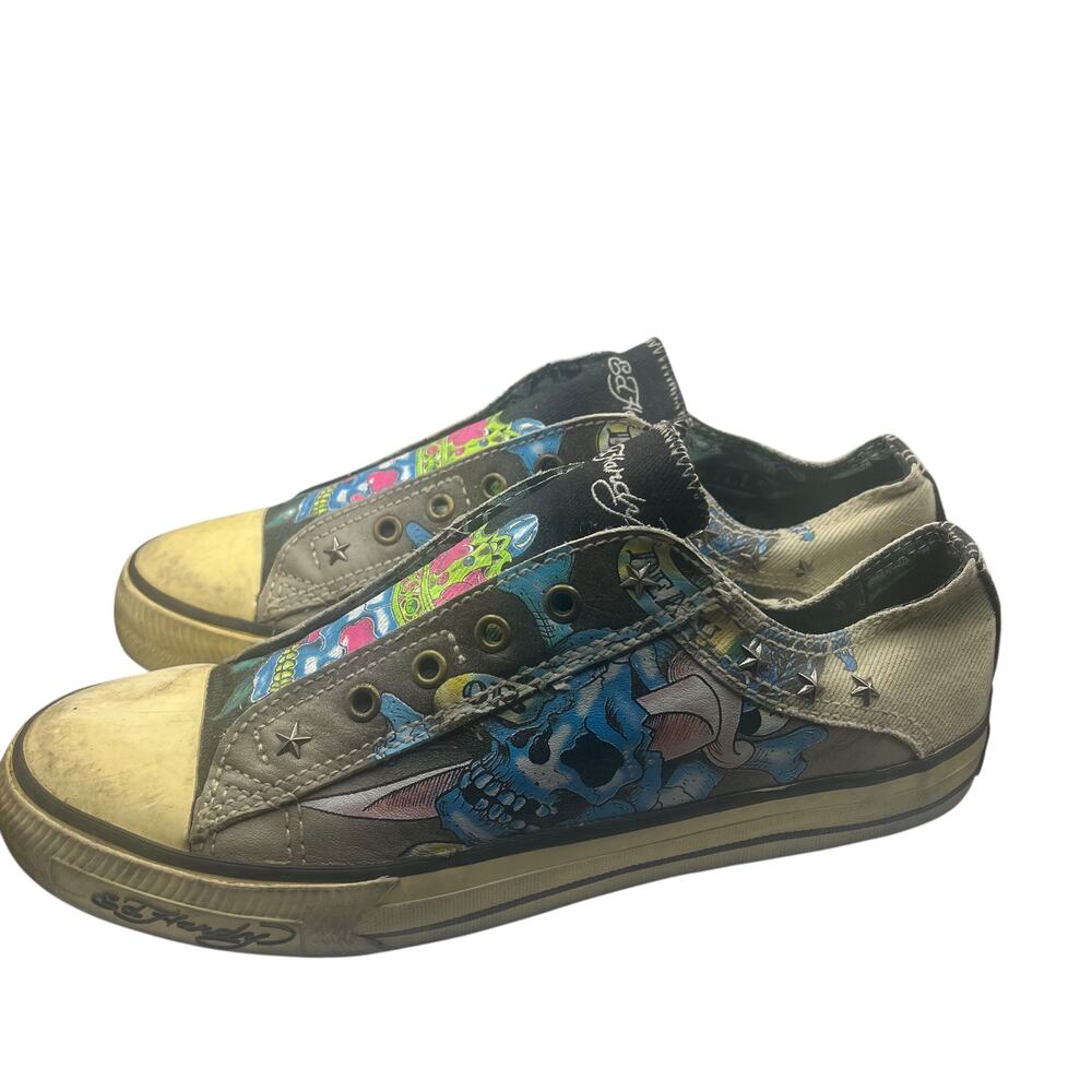 Ed Hardy Womens 10 Skull Crown Tattoo Slip On Sneakers Studded Gray Shoes